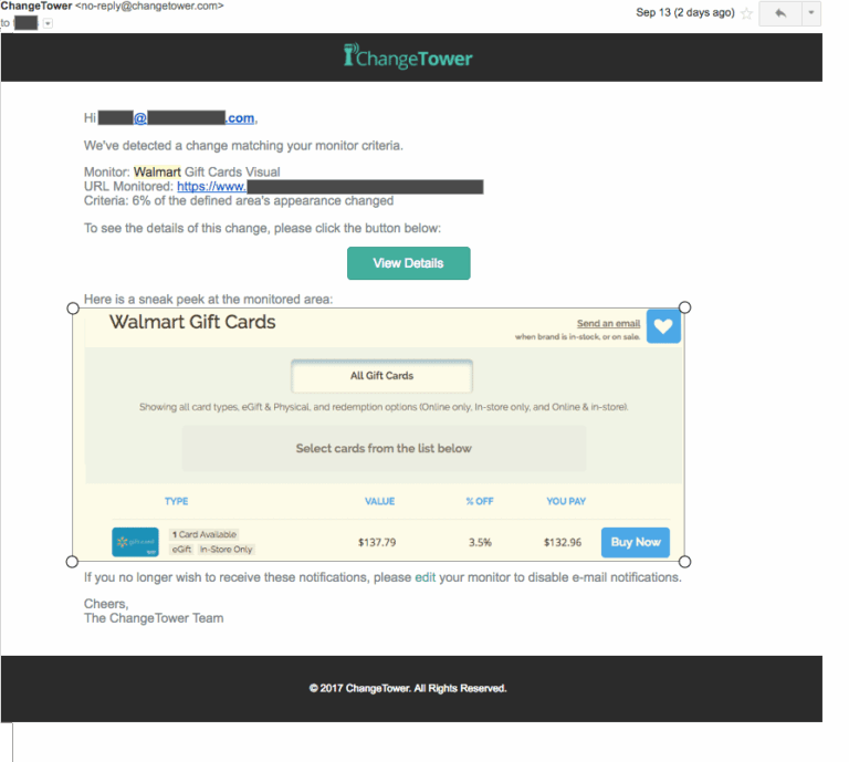 ChangeTower can alert you when a certain product is back in stock